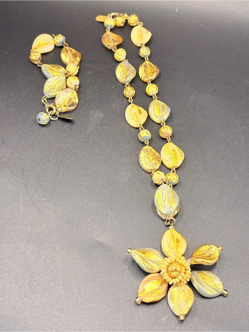 Genninger Murano Glass Necklace Bracelet Earrings Set Gold Foil Flower